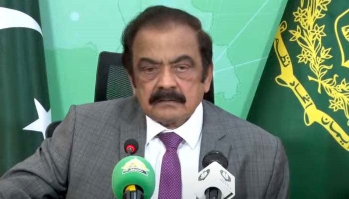 Adviser to the Prime Minister on Political and Public Affairs Rana Sanaullah addresses a press conference on January 8, 2024. — Screengrab via Geo News