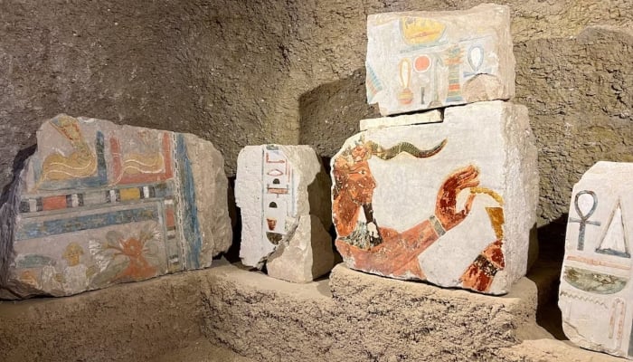 An artefact is displayed inside the tomb of Jehuti-Mes, that was discovered by archaeologists from the Ministry of Tourism and Antiquities along with the staff of Zahi Hawass archaeological and heritage mission, near the Queen Hatshepsut Valley Temples in Deir El-Bahari on the Niles west bank in Luxor, Egypt, January 8, 2025. — Reuters