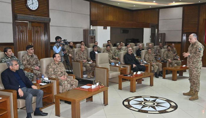 An army officer briefing Chief of Army Staff (COAS) General Asim Munir (second left) and other senior military and civil officials on the security environment in Peshawar on January 13, 2025. — ISPR