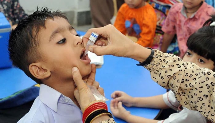 A lady health worker administers polio drops to a child during a polio eradication campaign in Hyderabad. — Online/File