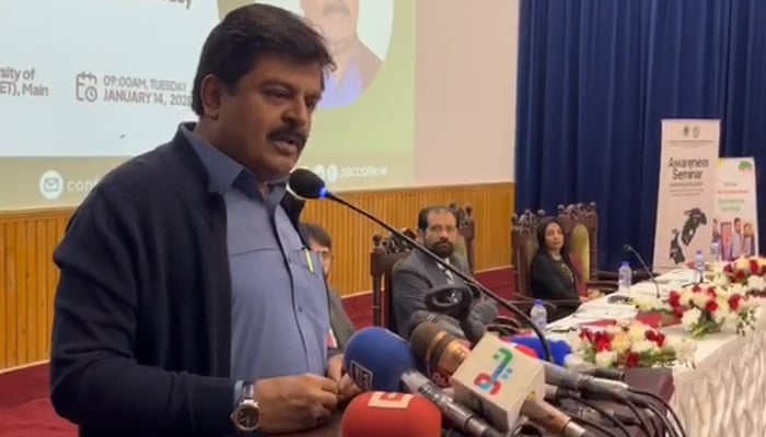 Sindh Education Minister Syed Sardar Ali Shah addresses the seminar organised by the Federal Ministry of Educations Inter-Board Coordination Commission in Karachi on January 14, 2025. — Reporter