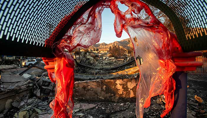 A playground melted and destroyed by fire is seen in a burnt area as the Eaton Fire, one of several simultaneous blazes ripping across Los Angeles County continues, in Altadena, California, US, January 14, 2025. — Reuters