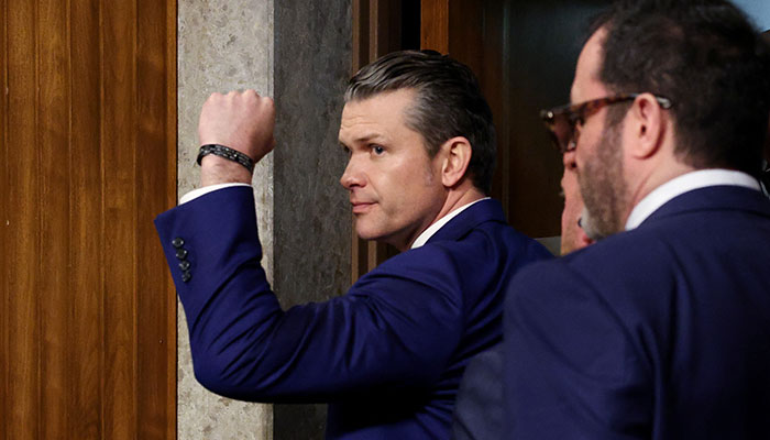 Pete Hegseth, US President-elect Donald Trumps nominee to be secretary of defense, gestures as he leaves a Senate Committee on Armed Services confirmation hearing on Capitol Hill in Washington, US on January 14, 2025. —Reuters