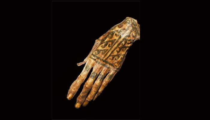 A tattooed mummified hand from the 1,200-year-old Chancay culture in Peru that was studied using LSF technology. — Michael Pittman/Thomas G Kaye