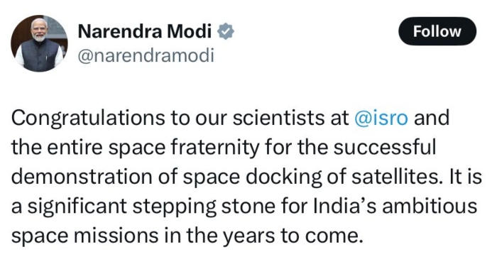 Indian Prime Minister Narendra Modis comment on the Space Docking Experiment on January 16, 2025. —X/@narendramodi