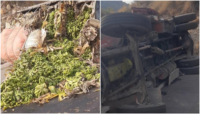 This collage shows an affected cargo truck on the road following a terrorist attack on an aid convoy heading for violence-hit Kurram district on January 16, 2025. — Reporter