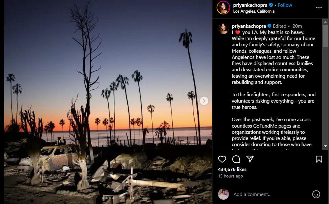 Priyanka Chopra shares heartbreak over LA fires