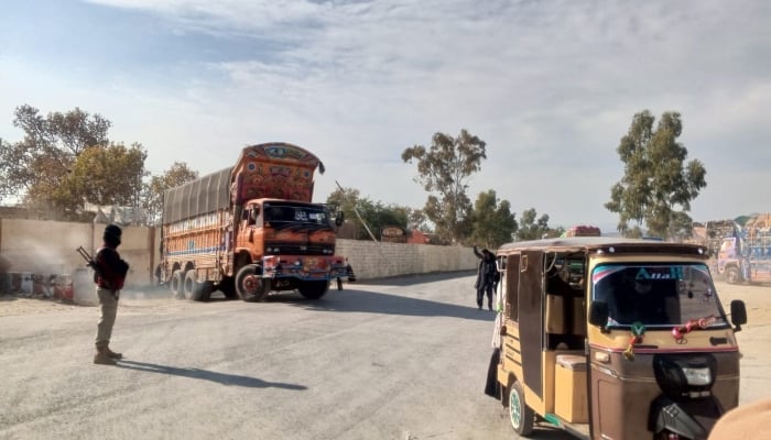 An aid truck departs for Kurram district from Tal Cantonment, on January 14, 2025. — Geo News