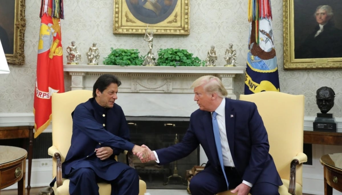 Former prime minister Imran Khan shakes hands with US president-elect Donald Trump at the start of their meeting in the Oval Office of the White House in Washington, US, on July 22, 2019. — Reuters