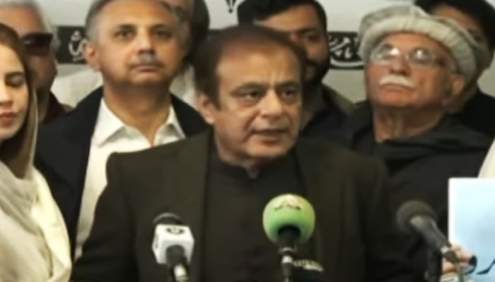 Leqader of the Opposition of the Senate of Pakistan Shibli Faraz speaking to the media, January 17, 2025. — Geo News