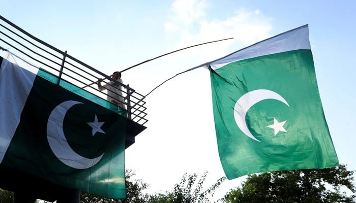 A boy uses a bamboo stick to adjust national flags at an overhead bridge ahead of Pakistans Independence Day, in Islamabad, August 10, 2018. — Reuters