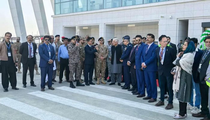 Aviation Minister Khawaja Asif pictured alongside other officials at New Gwadar International Airport on January 20, 2025. — PAA