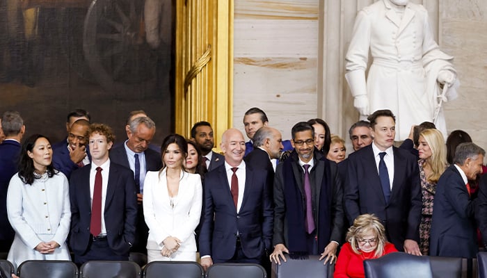 (L-R) Priscilla Chan, Meta CEO Mark Zuckerberg, Lauren Sanchez, businessman Jeff Bezos, Sundar Pichai, and businessman Elon Musk, among other dignitaries, attend Donald Trump’s inauguration in the rotunda of the United States Capitol in Washington, DC, US, 20 January 2025. — Reuters