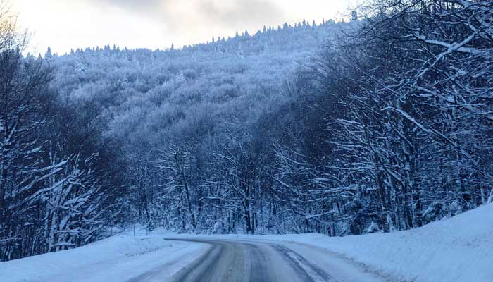 A snow-covered road winds through frost-laden trees in Jay, Vermont, U.S., as freezing temperatures grip the region, January 21, 2025. — Reuters