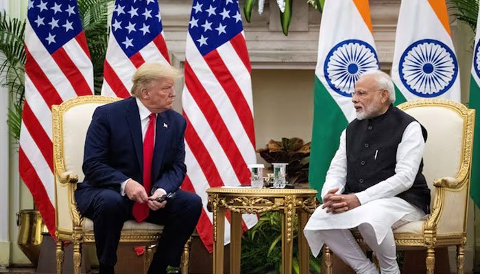 Indian Prime Minister Narendra Modi speaks to US President Donald Trump during a meeting at Hyderabad House in New Delhi, India on February 25, 2020. — Reuters