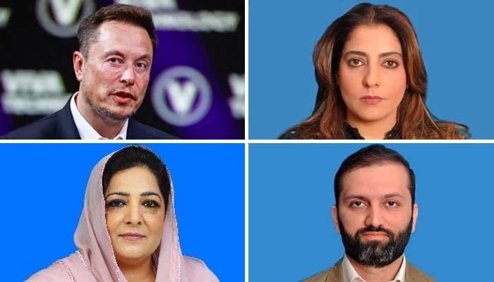 (Clockwise from top left to right) SpaceX chief Elon Musk, Senator Palwasha Khan, Senator Dr Afnan Ullah Khan, and Senator Anusha Rahman. — Reuters/Senate of Pakistan Website/File