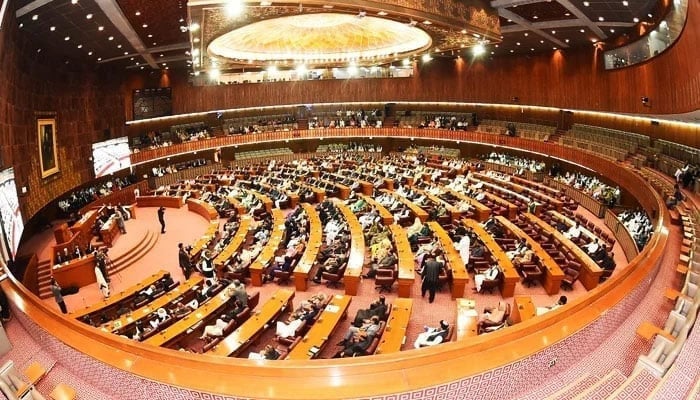 A view of the National Assembly session underway with then-speaker Raja Pervez Ashraf in the chair, on April 10, 2023. — Twitter/NAofPakistan