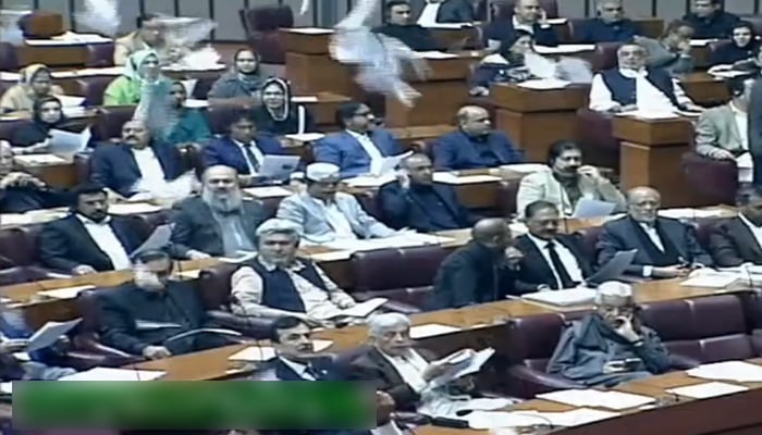 Members of National Assembly seen on the treasury benches during the ruckus-marred joint session on January 24, 2025. — YouTube/PTVParliament