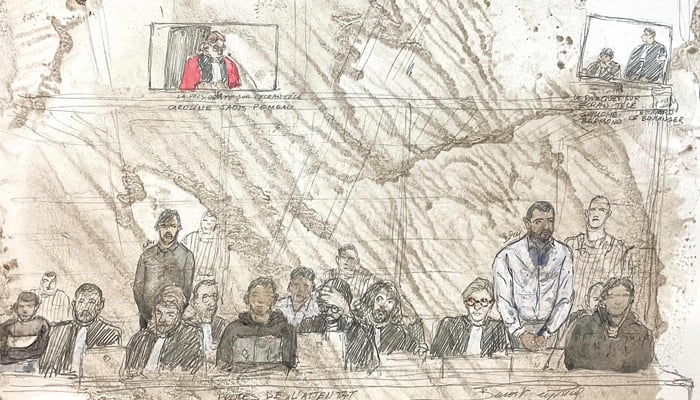 This court sketch made on January 6, 2025, shows defendant Zaheer Mahmood (2nd R) who attacked two people with a cleaver in September 2020, outside the former offices of Charlie Hebdo, during his trial at the juvenile assize court in Paris. Six people will be tried before the juvenile assize court in Paris on January 13, 2025 for the cleaver attack on Charlie Hebdo in 2020. — AFP