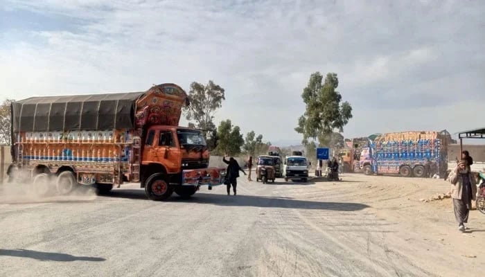 An aid truck departs for Kurram district from Tal Cantonment, on January 14, 2025. — Geo News