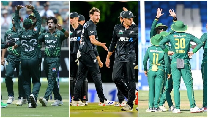 A collage of Pakistan, New Zealand and South Africa teams. — AFP/File