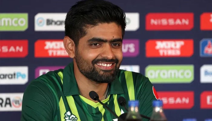 Pakistans star batter Babar Azam gestures during a press conference in this undated image. — AFP/File