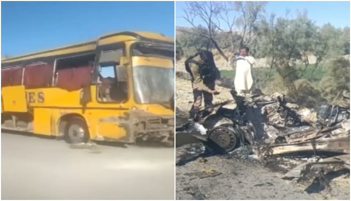 A view of the damaged passenger bus (on the left) the leftovers of the vehicle used in the Khuzdar explosion on January 26, 2025. - Geo News