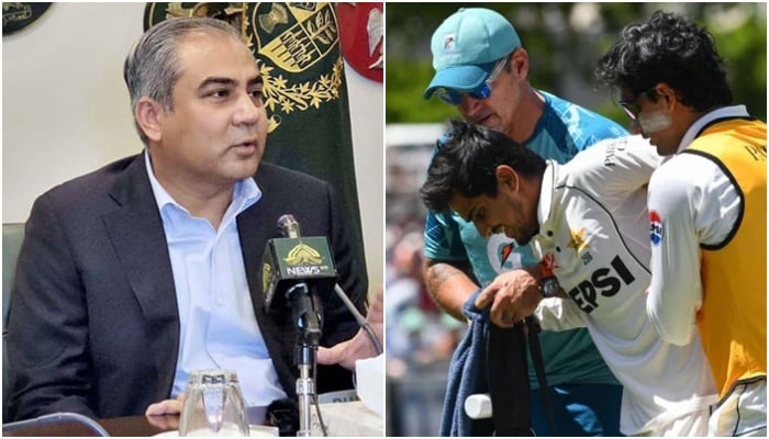 Saim Ayub (right) being assisted off the field after getting injured on January 3, 2025, while PCB Chairman Mohsin Naqvi addressing media. — AFP/APP/File