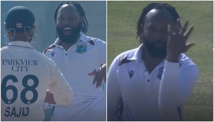 West Indies spinner Jomel Warrican react after dismissing Sajid Khan during the second day of the second Test at Multan Cricket Stadium in Multan on January 27, 2025. — Screengrab via Geo News