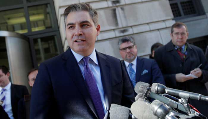 Jim Acosta talks to reporters after a judge temporarily restored his White House press credentials, in Washington, DC, on, November 16, 2018. — Reuters