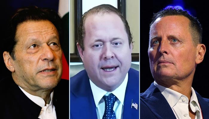 (From left to right): Former prime minister Imran Khan, Texas hedge fund manager Gentry Beach and Trumps aide Richard Grenell. — Reuters/GeoNews/Screengrab