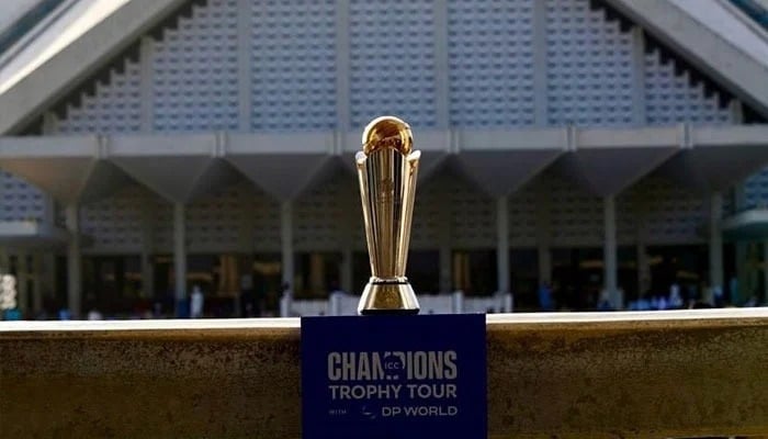 ICC Champions Trophy displayed at the Faisal Mosque in Islamabad. — PCB website/File