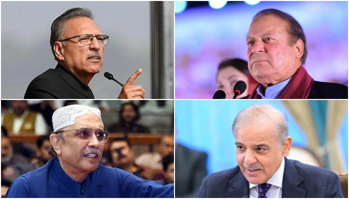 (Anti-clockwise from top right) Former PM Nawaz Sharif, former president Arif Alvi, President Asif Ali Zardari, PM Shehbaz Sharif. — AFP/ X/ @pmln_org/ PPI/ Facebook/ @PrimeMinisterOfficePakistan