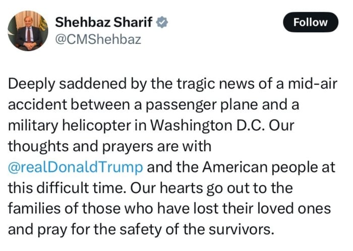 PM Shehbazs condolence message on US midair collision, January 30, 2025. X/@CMShehbaz