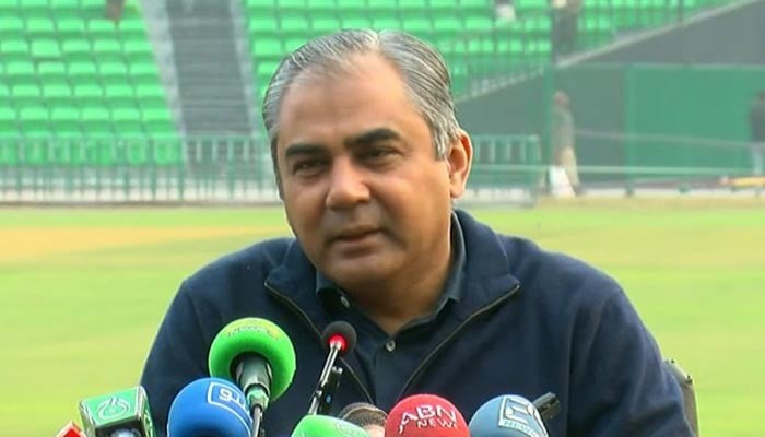 Chairman Pakistan Cricket Board (PCB) Mohsin Naqvi addressing the media gathered at the Gaddafi Stadium Lahore on January 31, 2025. — Screengrab via Geo News