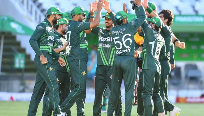 Pakistani players celebrate Wikit during the second international between Pakistan and South Africa, Cape Town, South Africa. December 19, 2024.