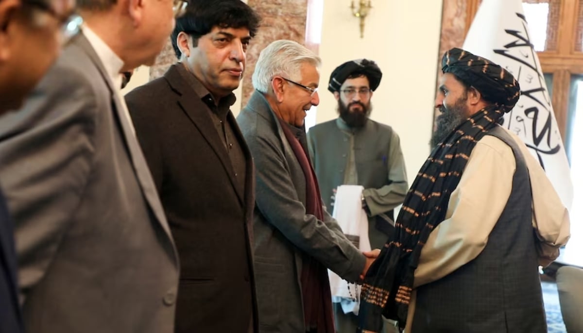 Abdul Ghani Baradar (right), the deputy prime minister of the Taliban interim government, meets with Pakistans Defence Minister Khawaja Asif with former ISI chief Nadeem Anjum. — Afghanistan Deputy Prime Minister Office/File