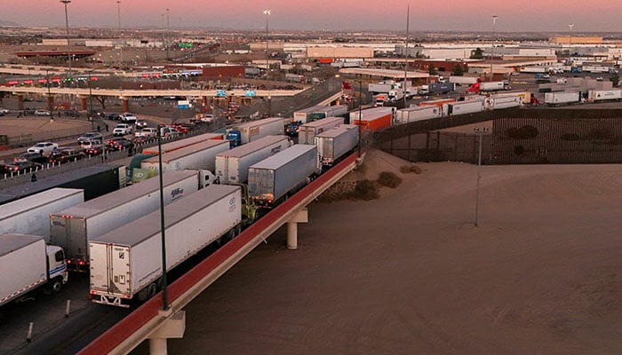 A drone view shows trucks waiting in line at the Zaragoza-Ysleta border crossing bridge to cross into the US in Ciudad Juarez, Mexico on January 31, 2025. — Reuters