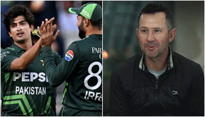 Former Australian skipper Ricky Ponting (right) during an interview and Naseem Shah (left) celebrates with his teammate after taking a wicket. — YouTube/ICC/AFP/ File