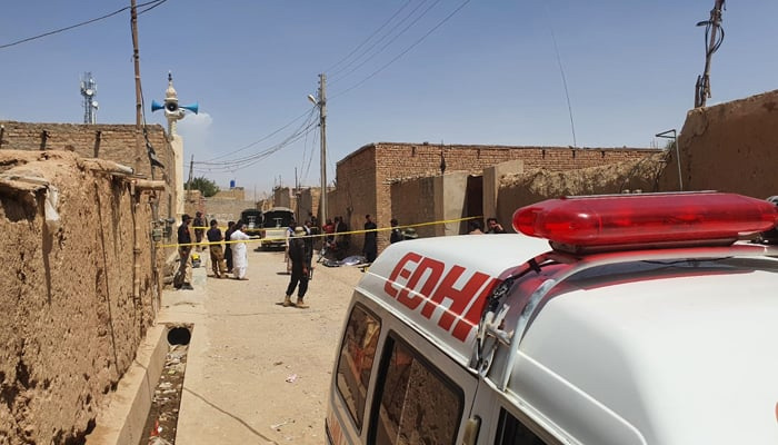 An ambulance is seen near the site where a polio team was attacked in Quetta, on August 1, 2023. — Geo News