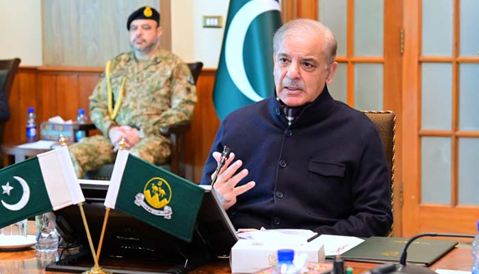 Prime Minister Shehbaz Sharif addressing meeting on law and order in Quetta, Balochistan, February 3, 2025. — PID