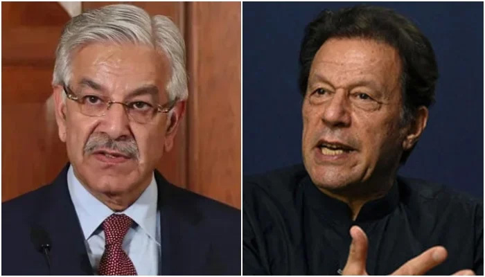 Defence Minister Khawaja Asif (left) and PTI founder Imran Khan. — AFP/File