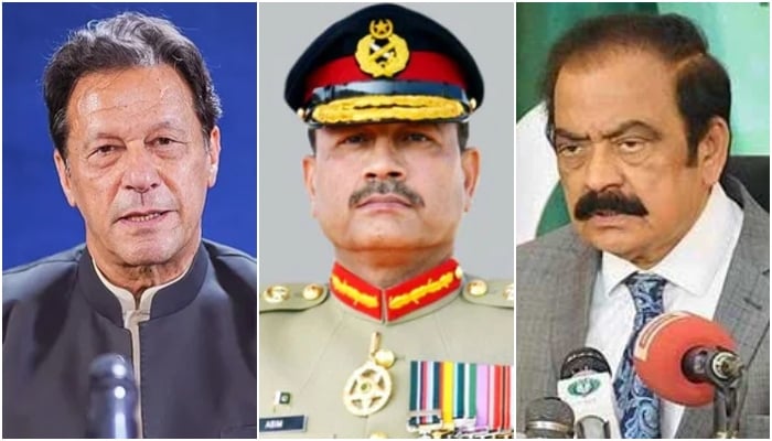 PTI founder Imran Khan, COAS General Asim Munir and PMs aide Rana Sanaullah. — X@ptiofficial/Radio Pakistan/NNI