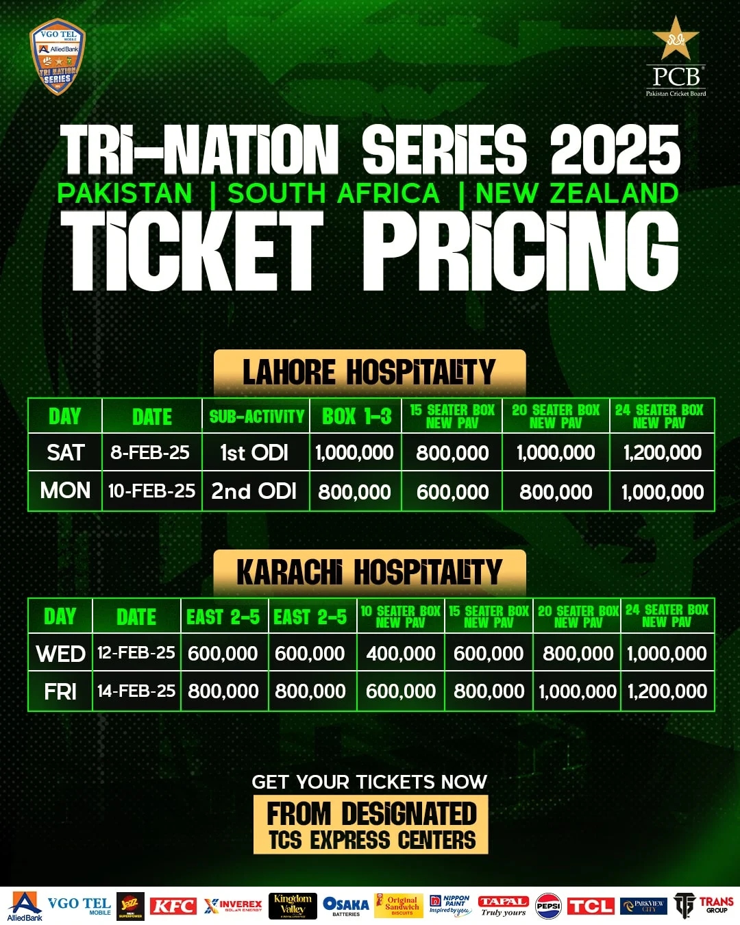 Tickets for tri-nation series in Karachi, Lahore to go on sale today