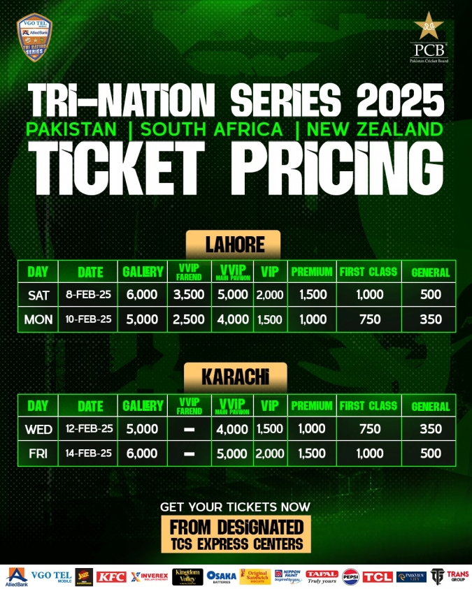 Tickets for tri-nation series in Karachi, Lahore to go on sale today