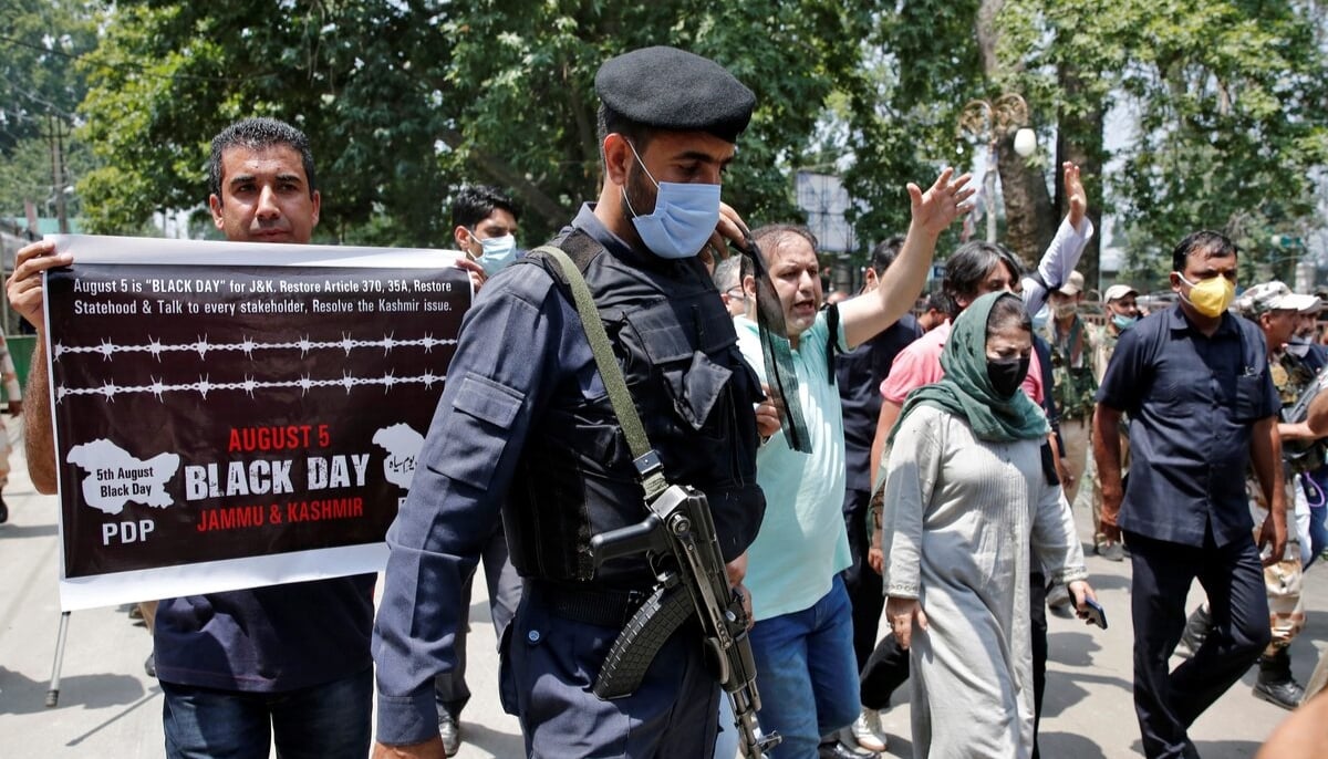 Mehbooba Mufti, President of Peoples Democratic Party (PDP), a pro-India political party, and her supporters attend a protest demanding the restoration of Kashmirs autonomy, in Srinagar August 5, 2021. — Reuters