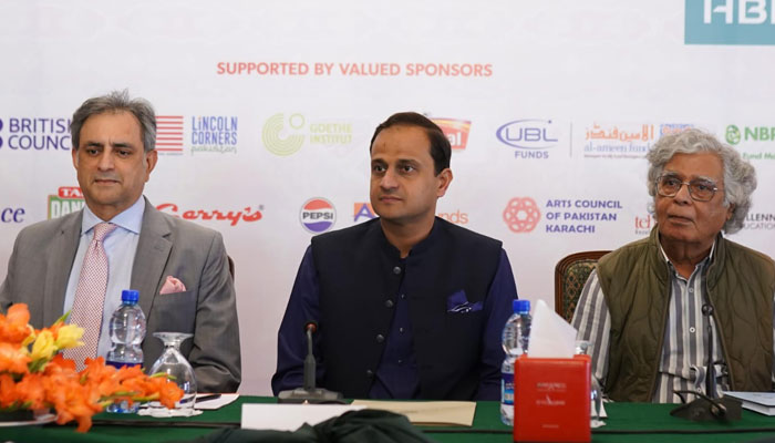 (From left to right) Oxford University Press Pakistan Managing Director Arshad Saeed Husain, Karachi Mayor Murtaza Wahab and Ghazi Salahuddin address a press conference on February 4, 2025. — KLF