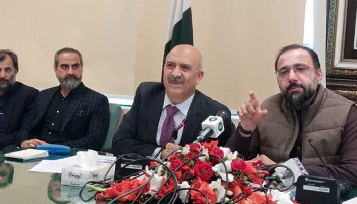 Federal Minister for Religious Affairs Chaudhry Salik Hussain (right) addresses the press conference in Islamabad on February 4, 2025. — APP