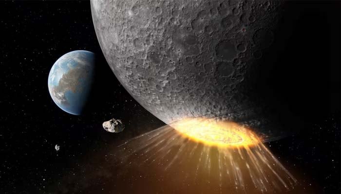 An undated artistic rendering shows an asteroid or comet striking near the Moons south pole about 3.8 billion years ago, an impact that carved out two large craters. Reuters/File