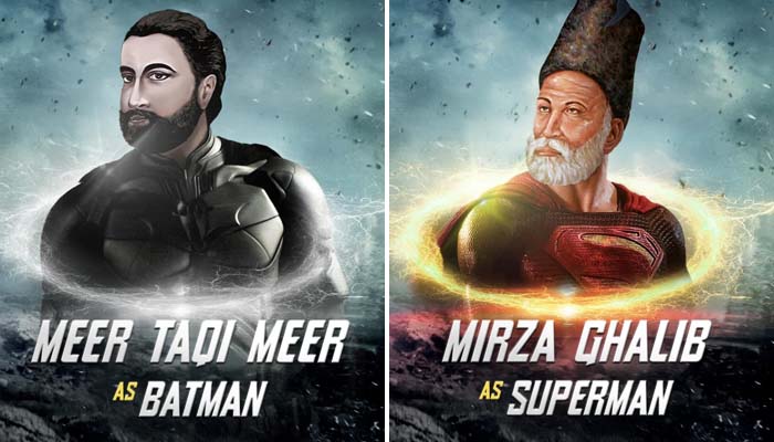 AI-generated portraits of Meer Taqi Meer as Batman and Mirza Ghalib as Superman. — Facebook/RekhtaOfficial